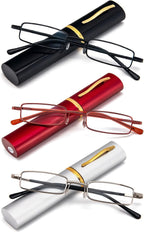 REAVEE 3 Pack Slim Pen Reading Glasses Small Tube Stylish Readers for Women Men Spring Hinged with Portable Clip Case, Black Red Silver 2.5