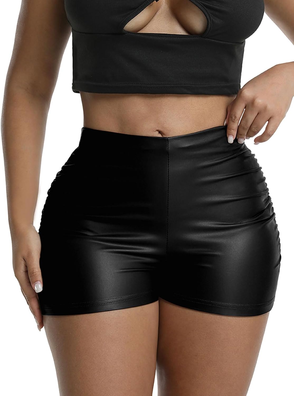 Women's Ruched Faux Leather Shorts High Waist Sexy Stretch Mini Booty Hot Shorts