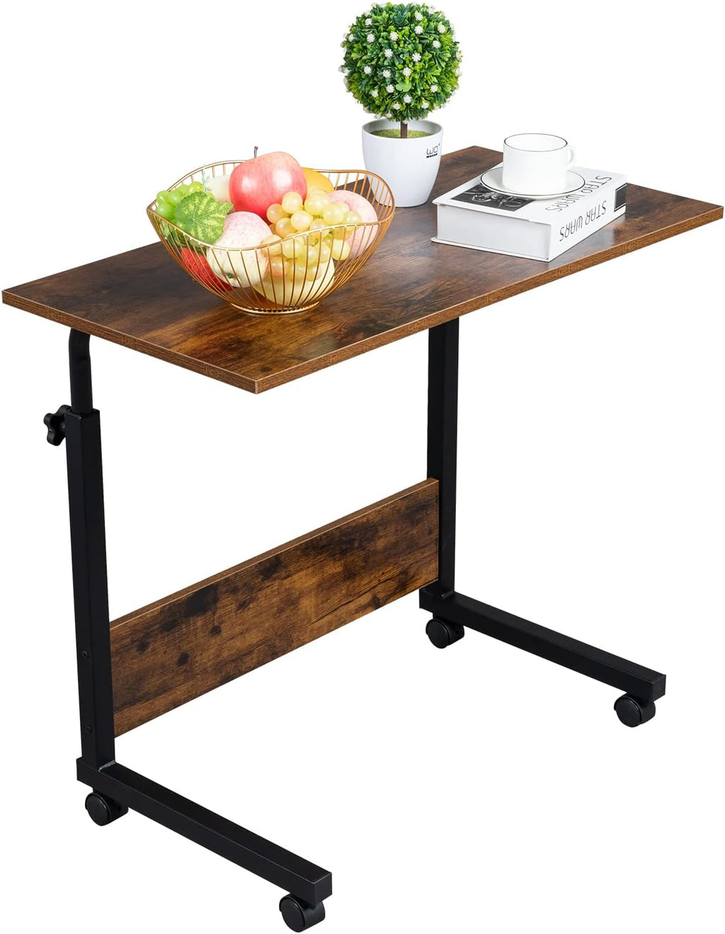 Karl home Mobile Side Table 31.5 Inch Computer Desk with Wheels Height Adjustable Rolling Potable Laptop Cart, C-Shaped Bed Couch End Tables with Edge Stopper for Livingroom Bedroom, Rustic Brown