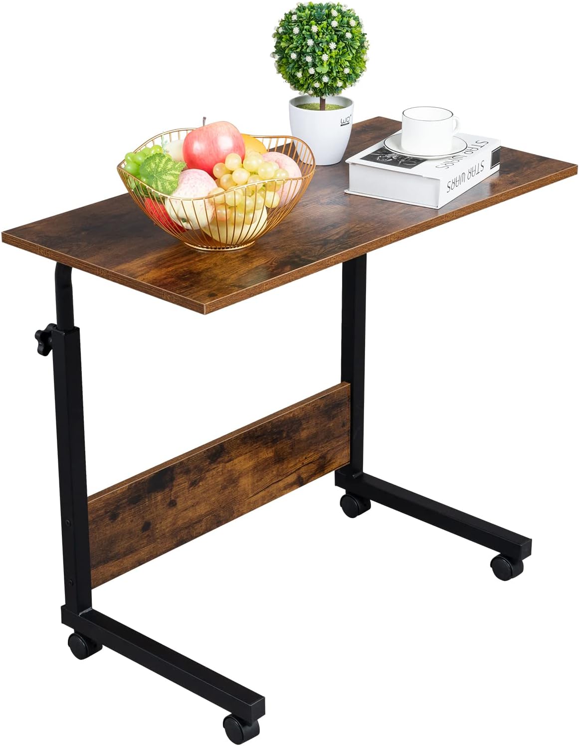 Karl home Mobile Side Table 31.5 Inch Computer Desk with Wheels Height Adjustable Rolling Potable Laptop Cart, C-Shaped Bed Couch End Tables with Edge Stopper for Livingroom Bedroom, Rustic Brown