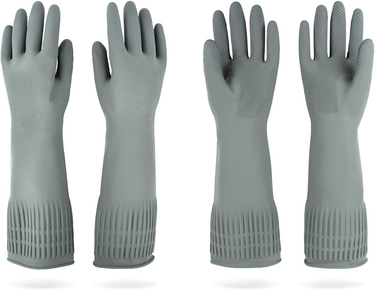 Mamison 2 Pairs Reusable Waterproof Household Dishwashing Cleaning Rubber Gloves, Non-Slip Kitchen Glove (Grey, Medium (Pack of 2))