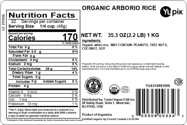 Yupik Organic Arborio Rice, 2.2 lb (35.2 oz), Gluten-Free, Vegan, Non-GMO, USDA Certified, Perfect for Creamy Risottos, Hearty Side Dishes & Salads