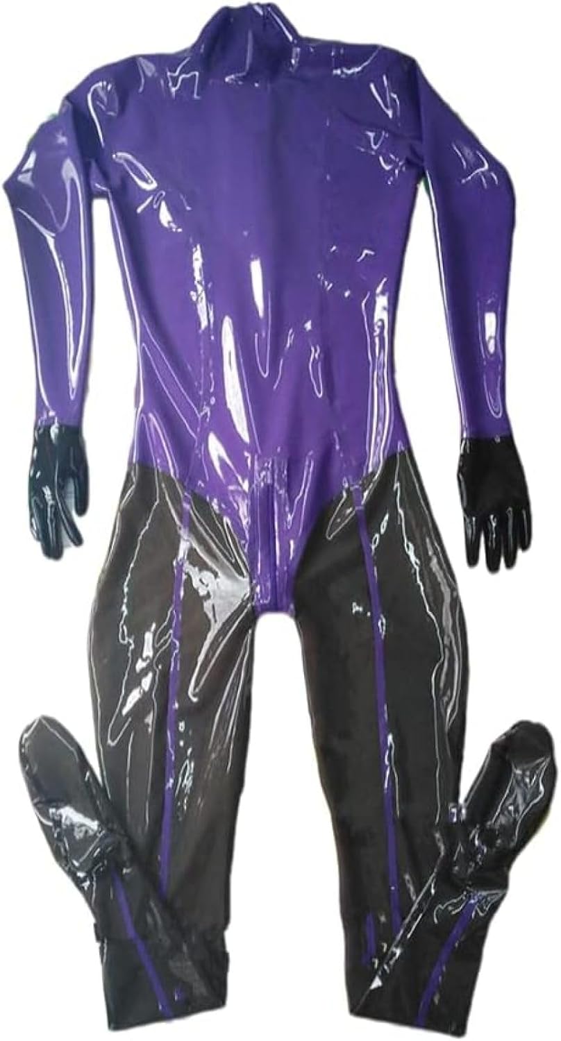 Transparent Black Women Latex Rubber Tight Catsuits With Gloves Socks Back Crotch Zip,Purple-black-male,XL