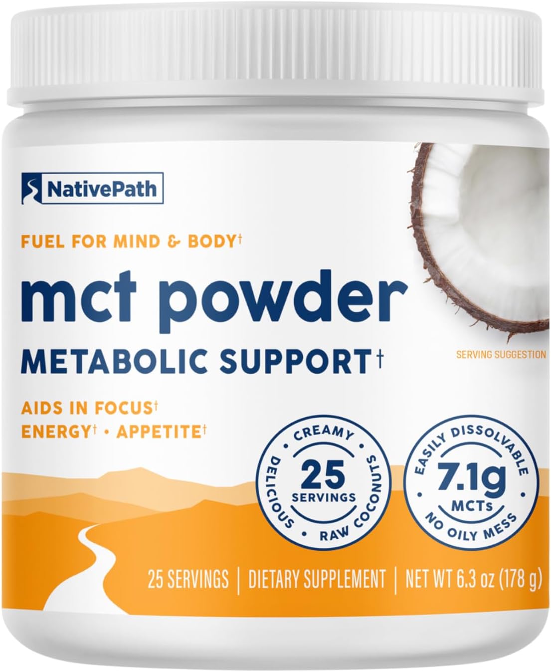 NativePath MCT Oil Powder Supplement - Unflavored MCT Powder with Keto-Friendly C8 MCTs. Free of Dairy, Gluten and GMOs, 25 Servings