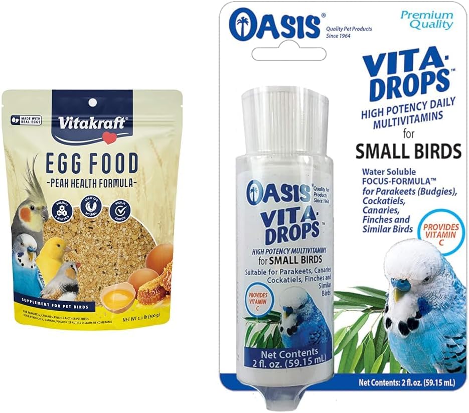 Vitakraft Bird Egg Food 1.1lb and Oasis Vita Drops 2oz Multivitamin for Parrots, Parakeets, Cockatiels, Canaries, Finches, Budgies, Small Parrots