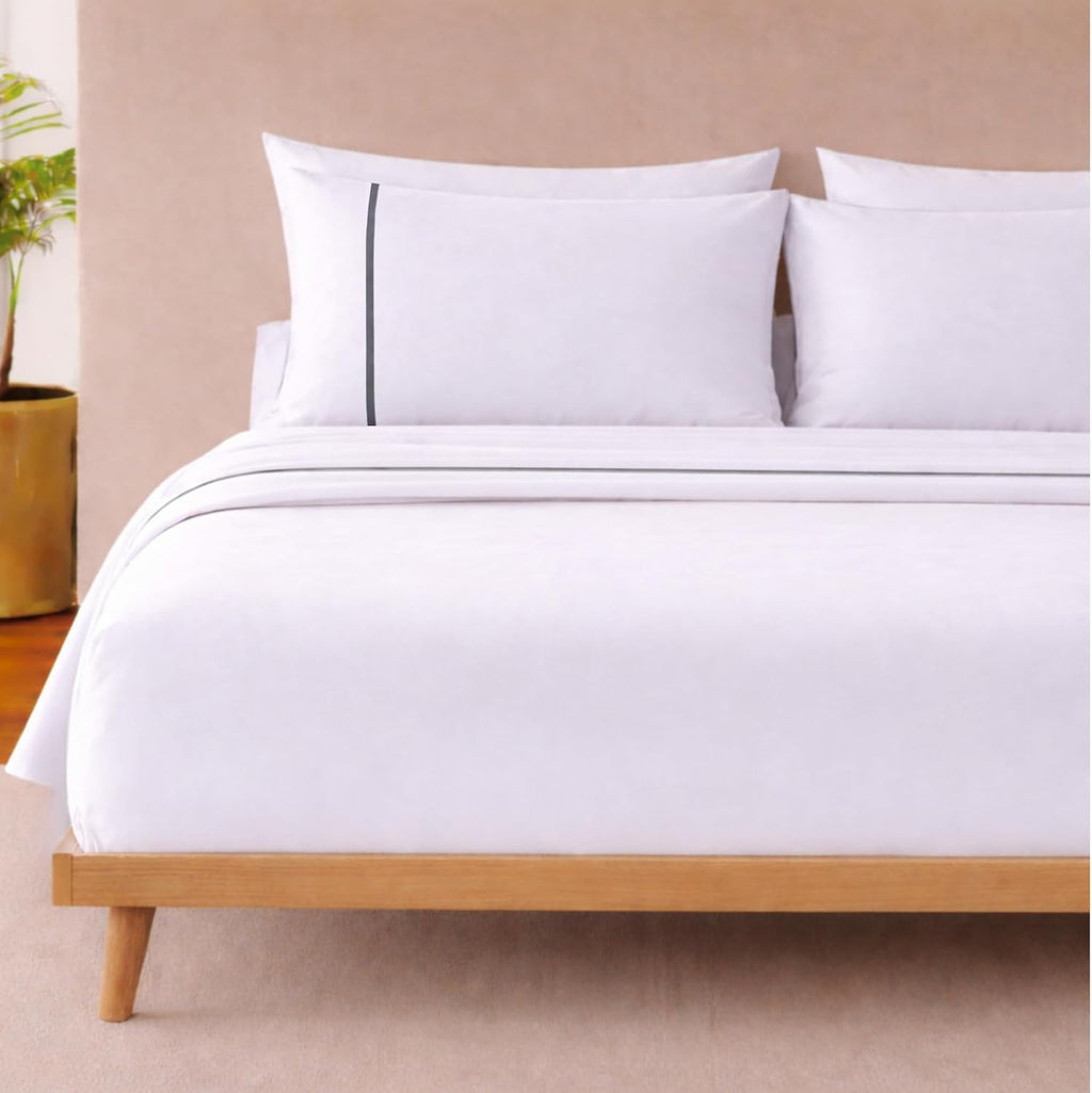Sheets - Queen Sheet Set | 4-Piece Organic Cotton Percale, 1 Semi-Fitted No-Tuck Top Sheet, 1 Fitted Sheet & 2 Pillowcases | Easy Bed Making, Adjustable Bed | White/Charcoal Trim