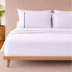 Sheets - Queen Sheet Set | 4-Piece Organic Cotton Percale, 1 Semi-Fitted No-Tuck Top Sheet, 1 Fitted Sheet & 2 Pillowcases | Easy Bed Making, Adjustable Bed | White/Charcoal Trim