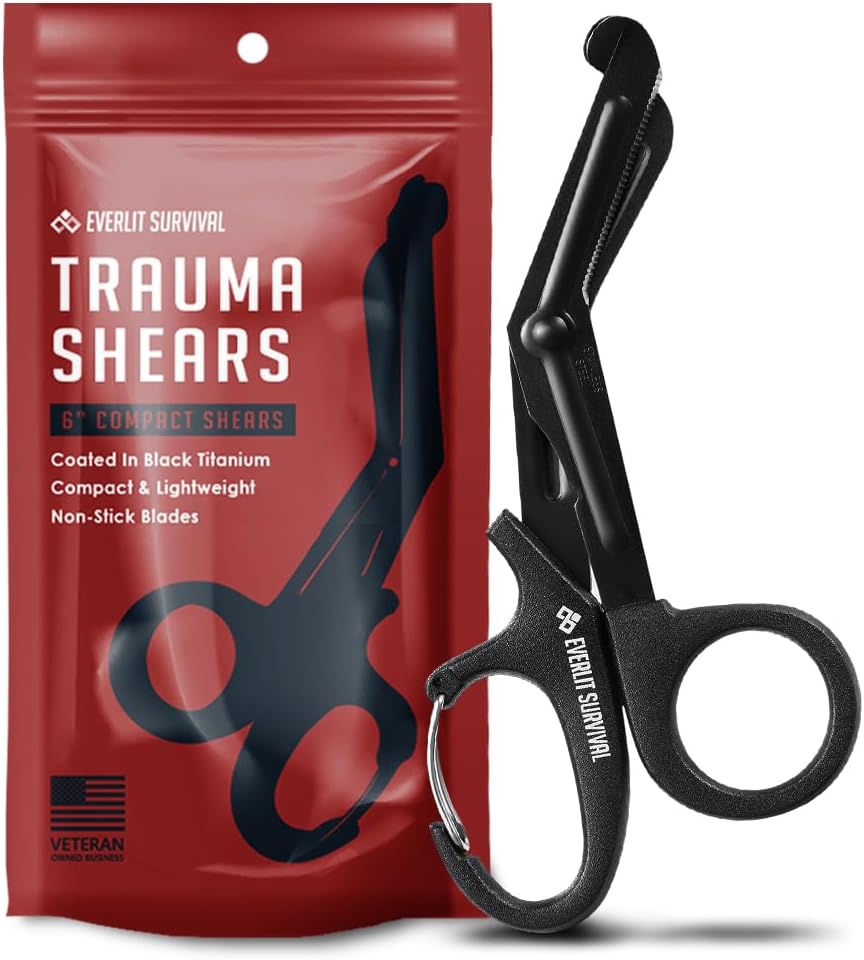 EVERLIT Trauma Shears Black Titanium Coated Non-Stick Blades Stainless Steel Bandage Medical Scissors for EMT EMS Doctor and Nurses (6" Compact, 1 Pair)