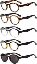 Eyekepper 5-Pack Spring Hinges Round Retro Reading Glasses Inc Sunshine Readers +1.75