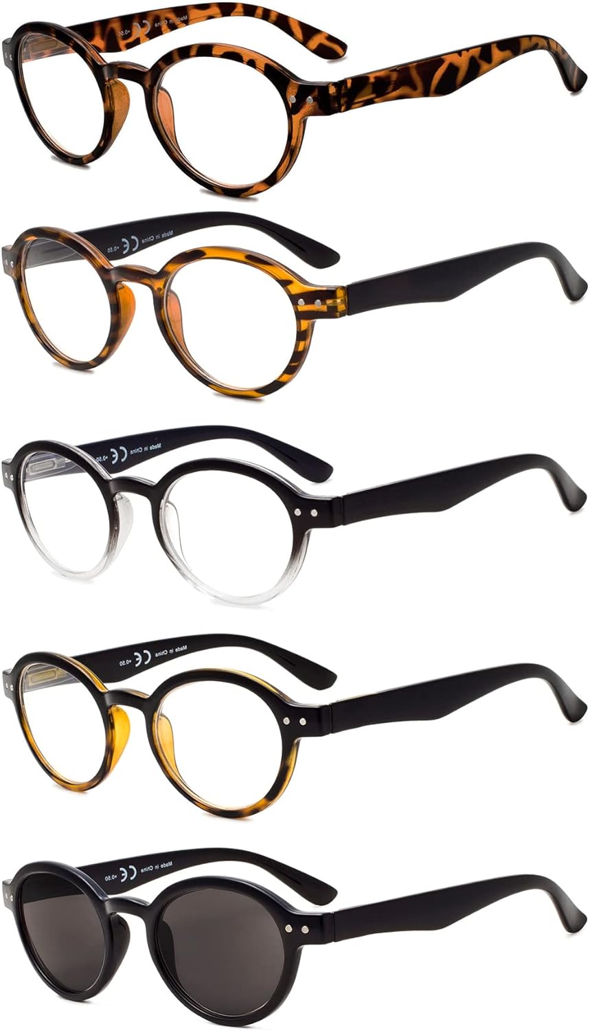 Eyekepper 5-Pack Spring Hinges Round Retro Reading Glasses Inc Sunshine Readers +0.75