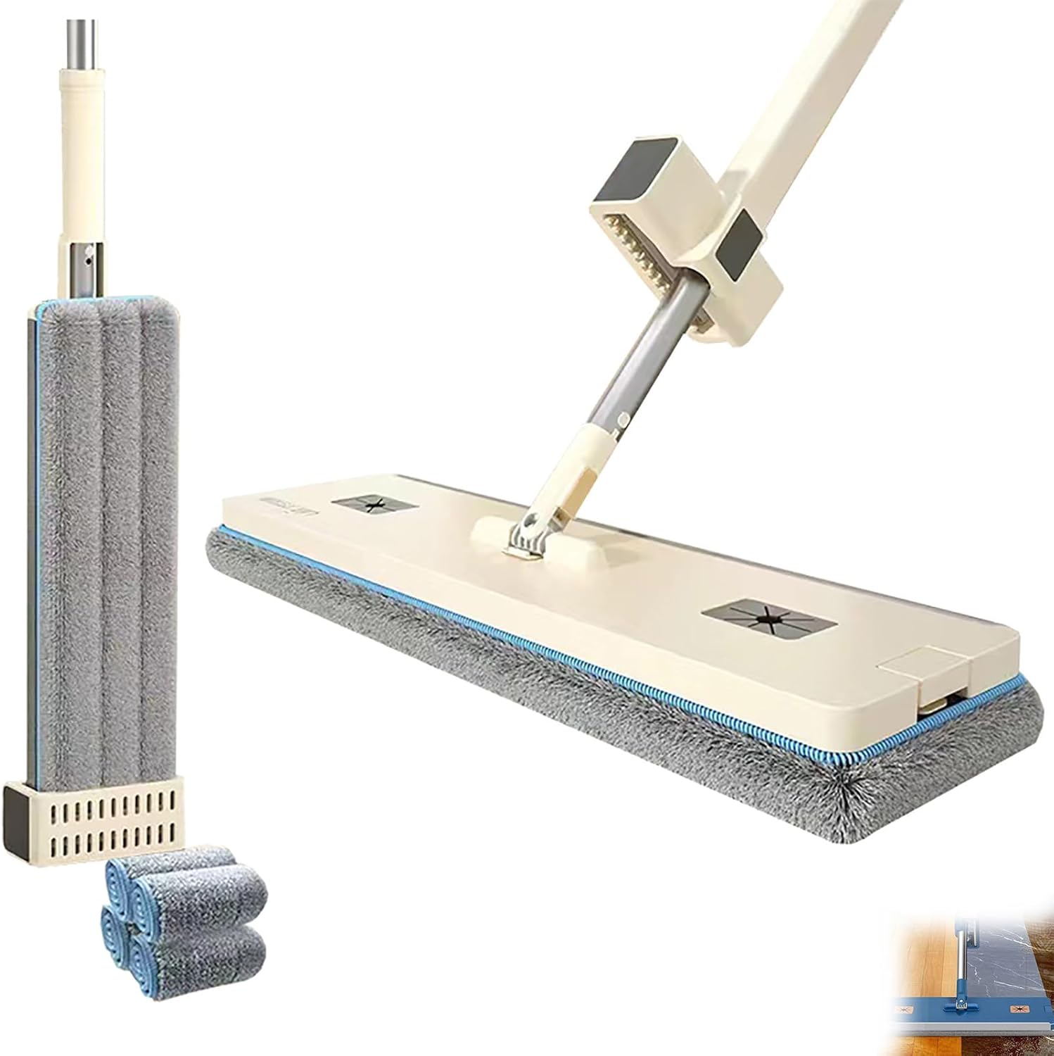 Big Flat mop, Wet and Dry Big Flat mop, Stainless Steel Long Handle Microfiber Big Flat mop, 360° Rotating Adjustable mop, Multifunctional Wet and Dry Household Tools (White+4cloth)