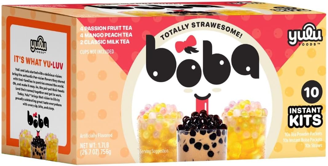 Boba Bundle Kit 10 Serv. Instant Bubble Pearl Variety Milk Tea Kit with Authentic Brown Sugar Tapioca Pearls by Yulu Foods - Ready in Under 1 Minute, Includes Paper Straws - Gift Box, Holiday (Classic, Mango Peach, Passionfruit)