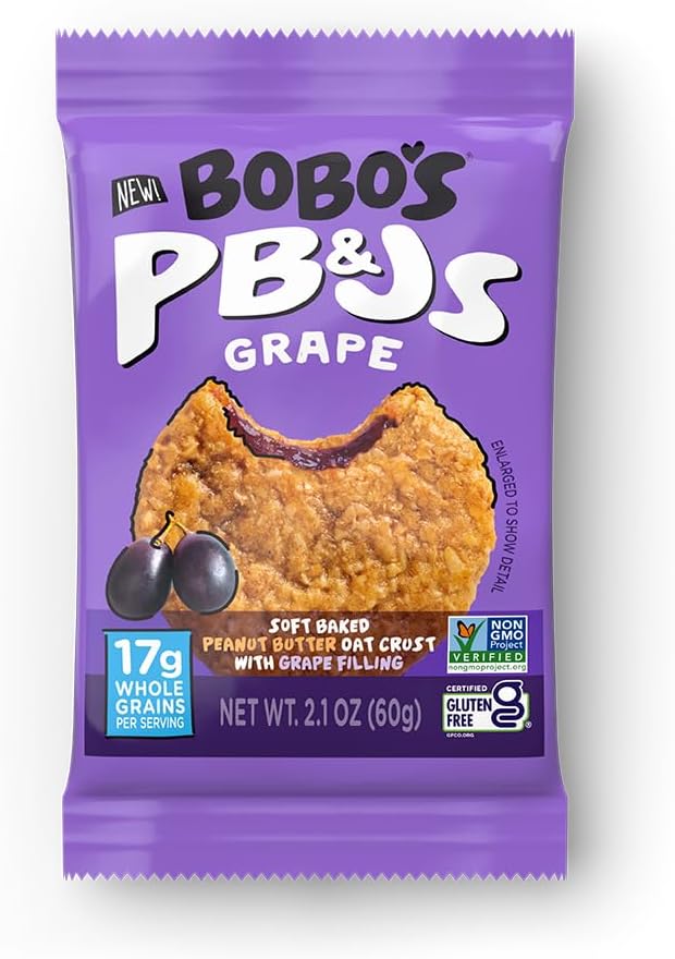 Bobo's Grape PB&J Oat Snacks, Simple Ingredients, Whole Grain Oats, Plant Based, Non-GMO, Gluten Free Breakfast Bars, Healthy Snacks for Adults & Kids (24 Snacks)
