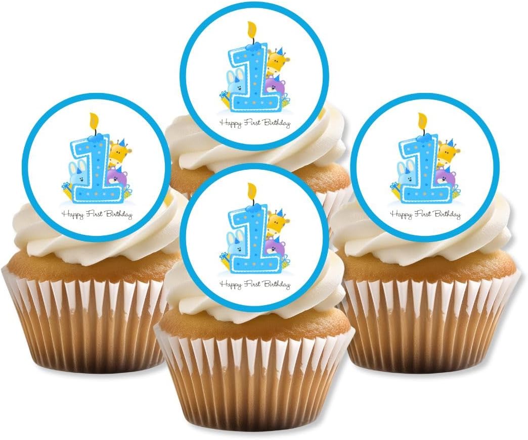 1st Birthday Boy Edible Cupcake Toppers, Blue 1 Cake Decorations, Baby Boy Cupcake Decorations, First Birthday Cake Toppers for Parties 24 x 1.5 Inch / 4cm Discs UNCUT