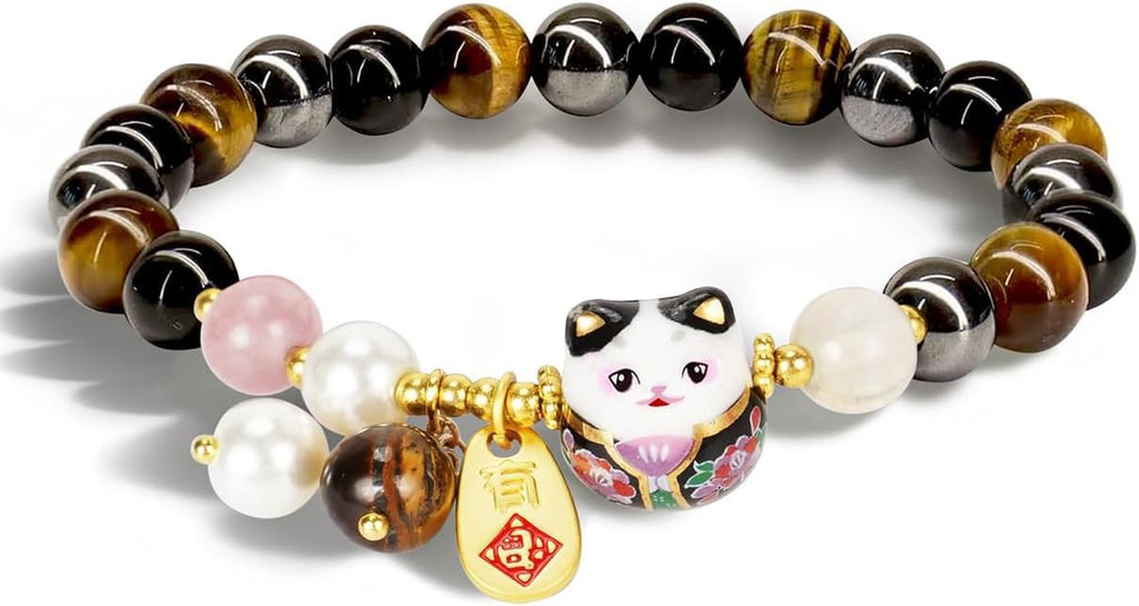 Lucky Cat Bracelet Feng Shui Good Luck Jewelry for Women, Wealth & Fortune Protection - Natural Gemstone Crystal Bracelets