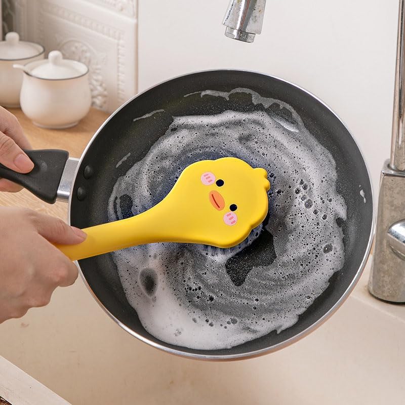 Ximimark 2 PCS Yellow Duck +Yellow Chicken Dish Brush Handle Built-in Scraper, Scrub Brush for Pans, Pots, Kitchen Sink Cleaning
