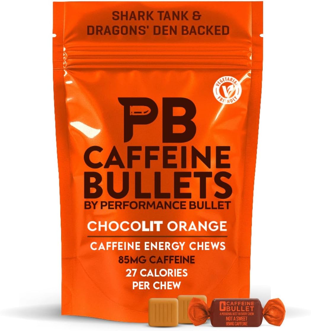 Caffeine Bullet Energy Chews - Chocolate Orange. 40 * 85mg - Faster Kick Than Pills, Gels and Gum. Sport Science for Running, Cycling, Gaming & A Pre Workout Endurance Boost.