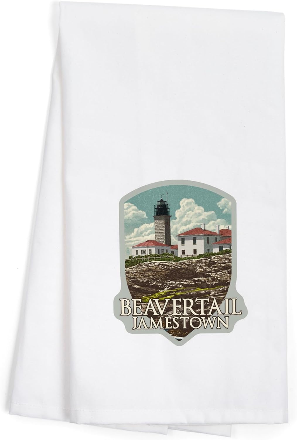 Jamestown, Rhode Island, Letterpress, Beavertail Lighthouse, (100% Cotton Tea Towel, Decorative Hand Towel, for Kitchen and Home)