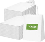 OUTUXED 150pcs White Paper Gift Bags, 8x4x10in White Kraft Paper Bags with Handles Bulk Medium Size for Valentines, Retail, Shopping, Wedding, Favor, Birthday Party, Business, Grocery