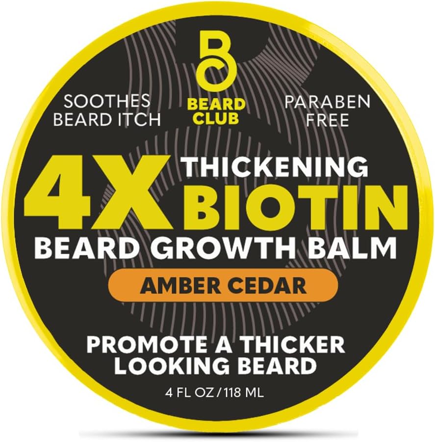 The Beard Club Biotin Beard Balm for Men - Beard Growth Shea Butter with Castor & Coconut Oil - Moisturizing, Hydrating and Softening Cream - Amber Cedar Scent - 4 oz