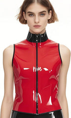 Women's Red Sleeveless Latex T-Shirt with Front Zipper,Shaping Casual Latex Tank Tops,for Novelty Club Wear