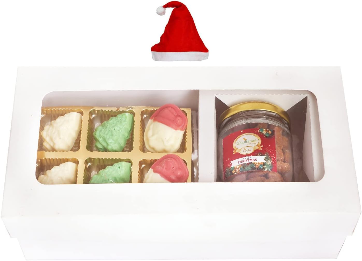 Ghasitaram Gifts Jaiccha Christmas Gifts White Christmas Hamper Box Small with Christmas Chocolates and Caramel Almond Jar