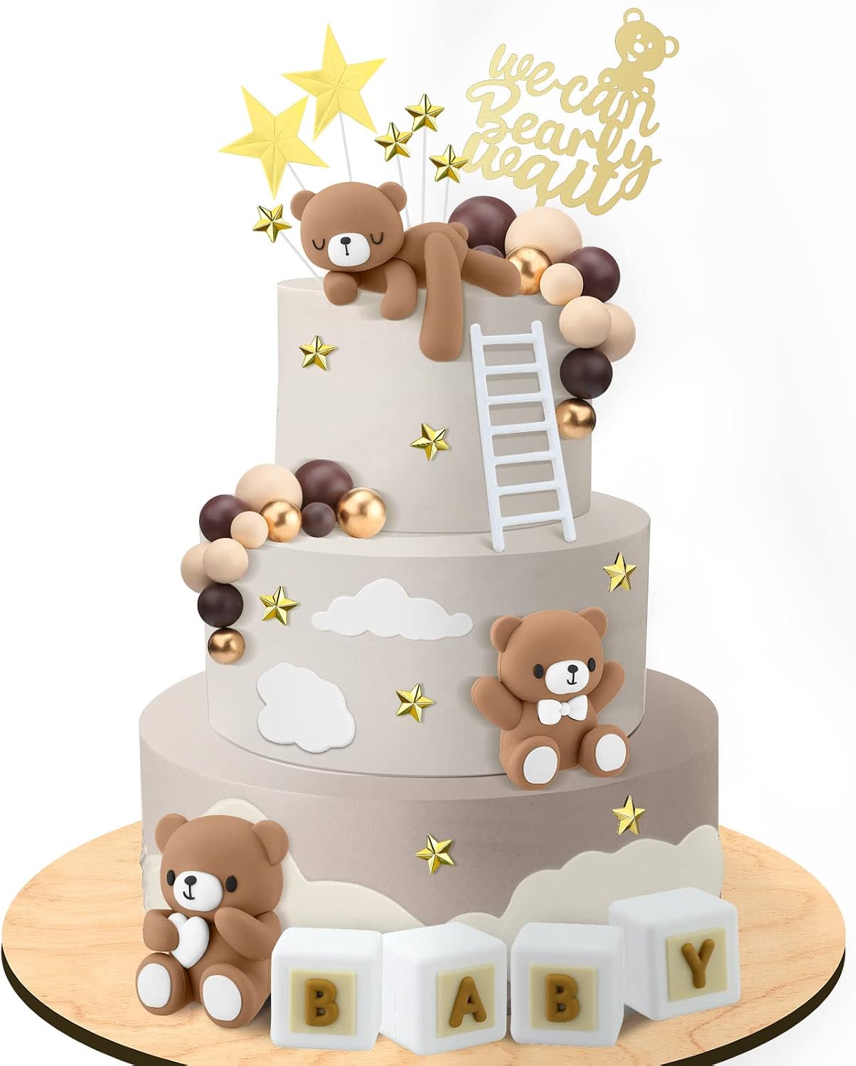Yinder Bear Cake Toppers Mini Bear Cake Decorations Cake Toppers Gold White Pearl Ball for Birthday Party Decorations(Dark Brown,Cute Style)