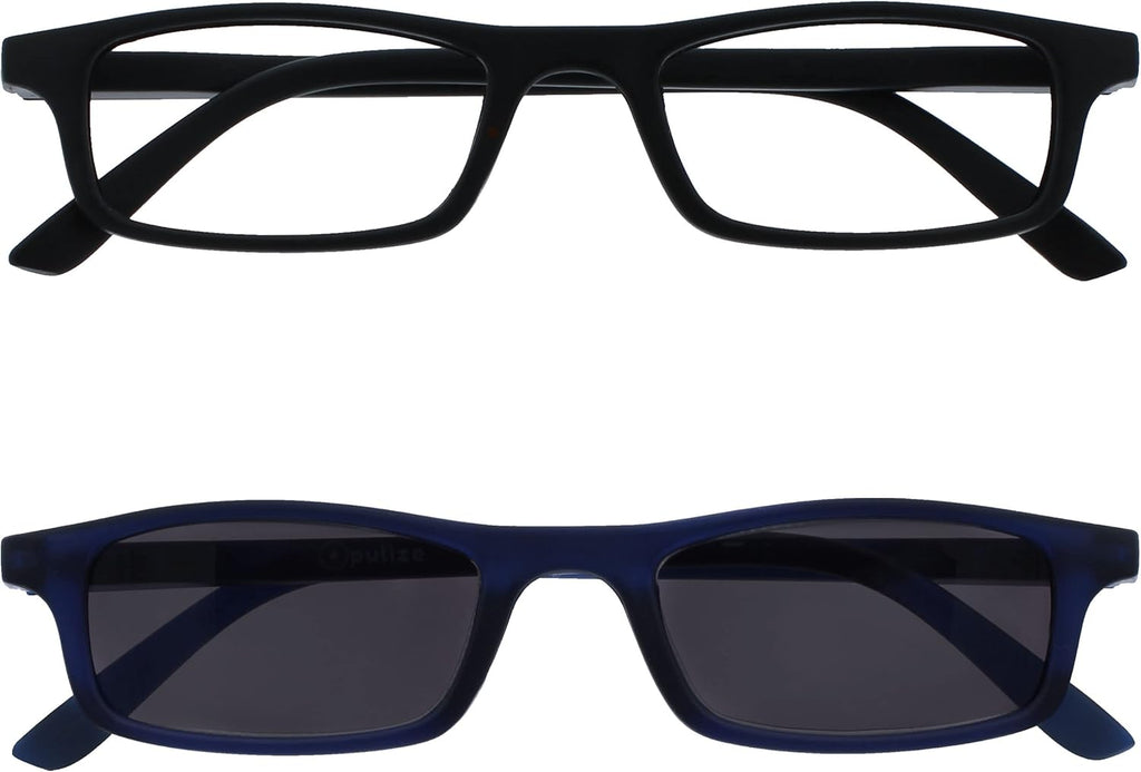 OPULIZE TED Reading Glasses and Reading Sunglasses for Women Men, Lightweight Narrow Rectangular Matt Frame with spring Hinges and Tinted UV400 Protection Lens, Black Blue +2.00 (Pack of 2)