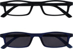 OPULIZE TED Reading Glasses and Reading Sunglasses for Women Men, Lightweight Narrow Rectangular Matt Frame with spring Hinges and Tinted UV400 Protection Lens, Black Blue +2.00 (Pack of 2)