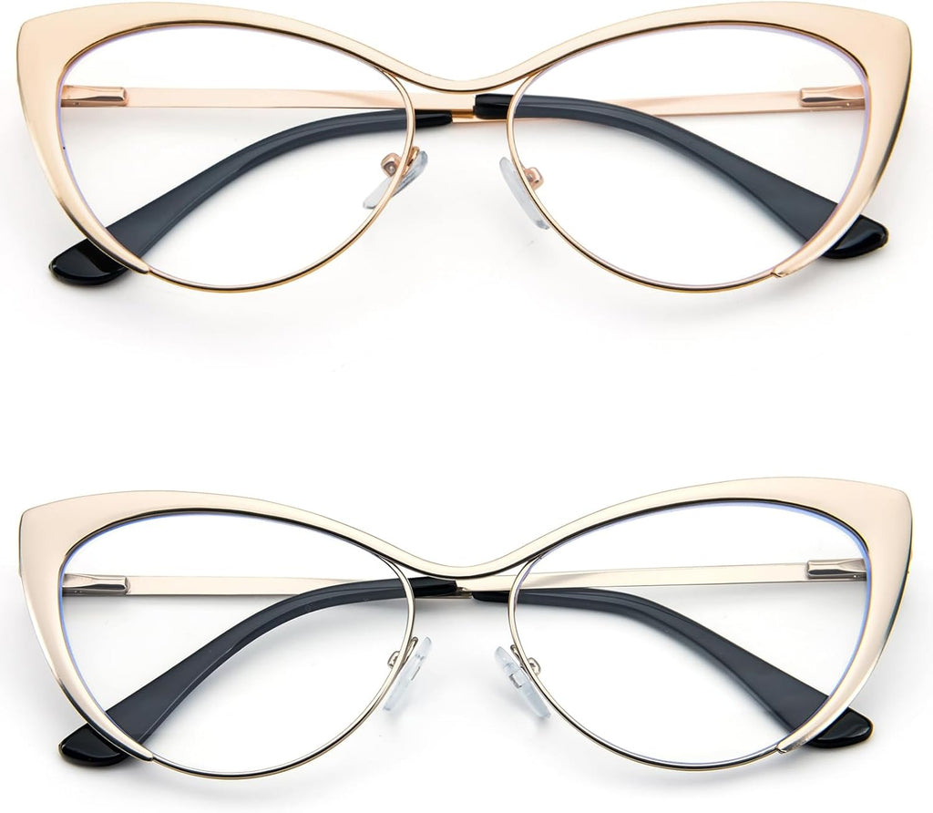 KoKoBin Cat Eye Reading Glasses - 2 Pairs Metal Frame Glasses Spring Hinge Readers with Leather Pouch for Men and Women