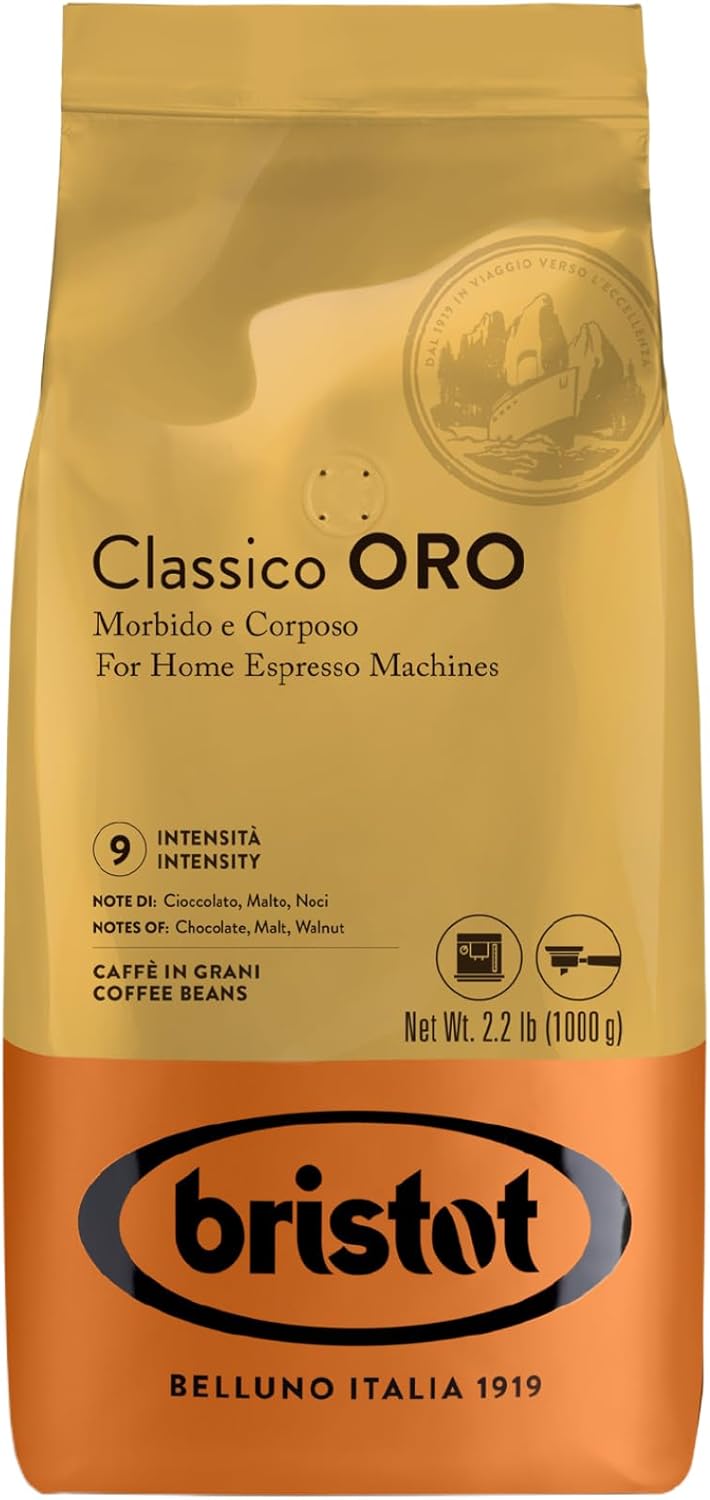 Bristot Classico Oro Italian Espresso Beans – Imported Italian Whole Coffee Beans – Medium Roast – Low Acid – Notes of Chocolate, Malt & Walnut – 2.2 lb – 1 kg