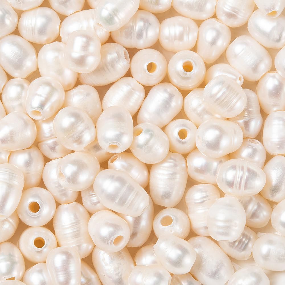 Beadthoven 100pcs 7-10mm Natural Freshwater Pearl Beads 1.8mm Big Large Hole Rice Shape White Pearls for Crafting Oval Pearl Beads for Jewelry Making DIY Bracelets Necklaces Leather Cord
