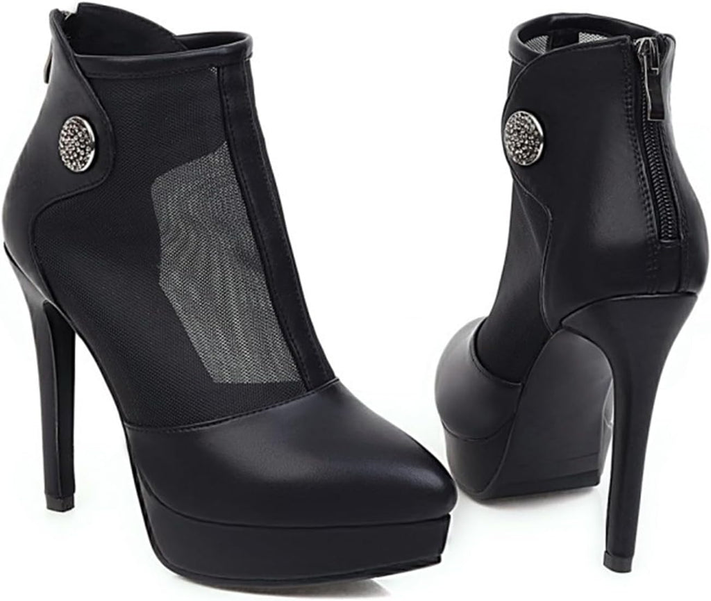 12.5CM Women's Mesh Platform Stiletto Heel Ankle Booties Pointed Toe Back Zipper Rhinestone Heels