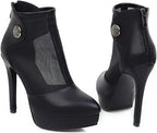 12.5CM Women's Mesh Platform Stiletto Heel Ankle Booties Pointed Toe Back Zipper Rhinestone Heels