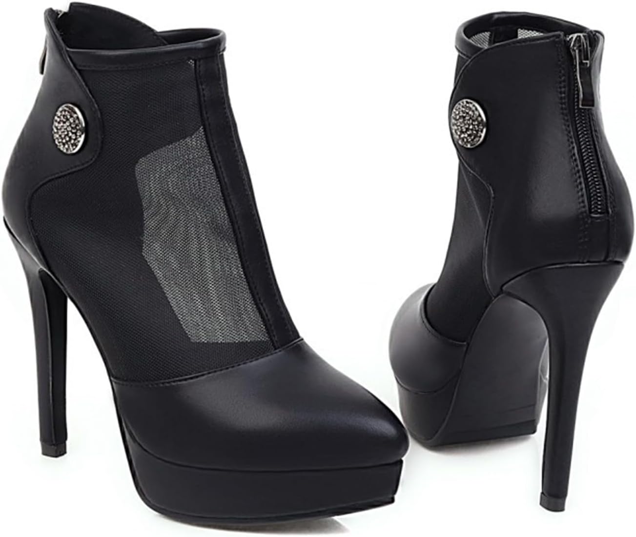 12.5CM Women's Mesh Platform Stiletto Heel Ankle Booties Pointed Toe Back Zipper Rhinestone Heels