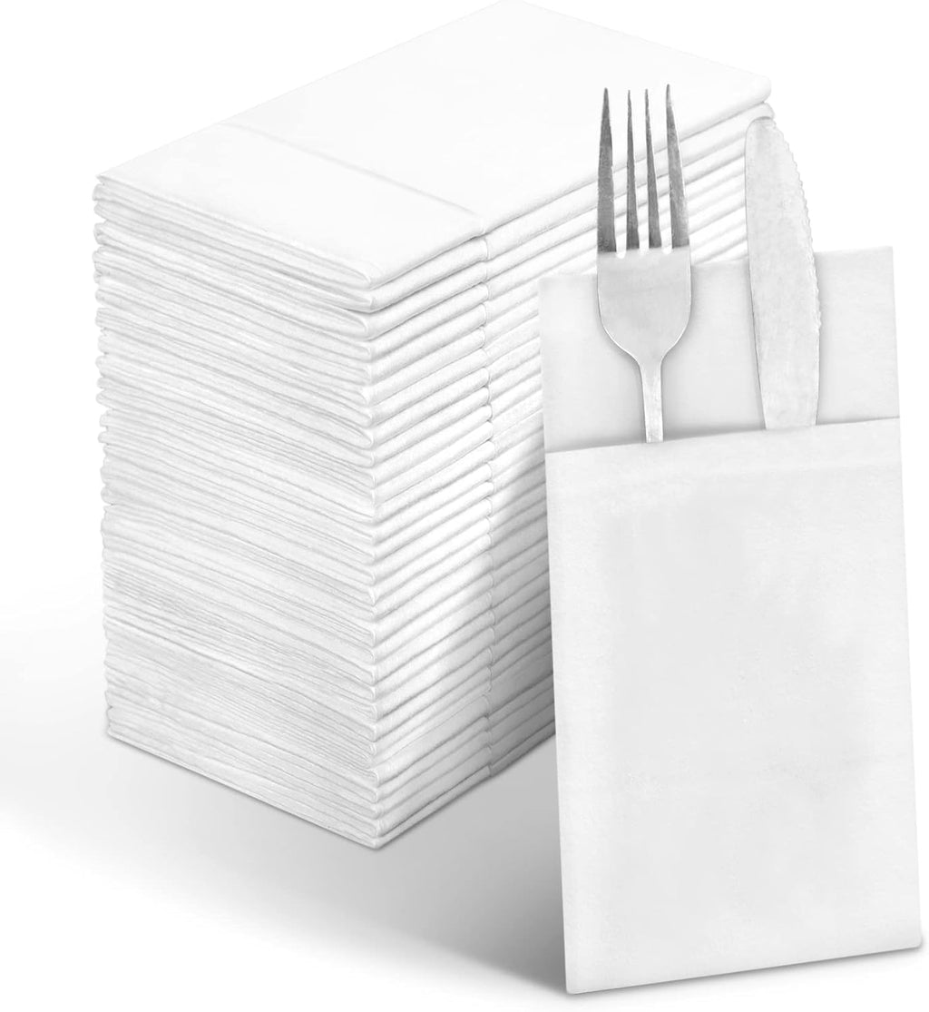 Linen-Feel White Paper Napkins, Cloth Like Dinner Napkins with Built-in Flatware Pocket, Pre-Folded Absorbent Disposable Guest Paper Hand Towels for Bathroom, Weddings Party (50 Pack)