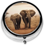 Wild Animals Elephants Print Pill Box 3 Compartment Round Pill Case with Mirror Metal Pill Organizer Travel Pillbox Mini Medicine Storage Box for Pocket Purse
