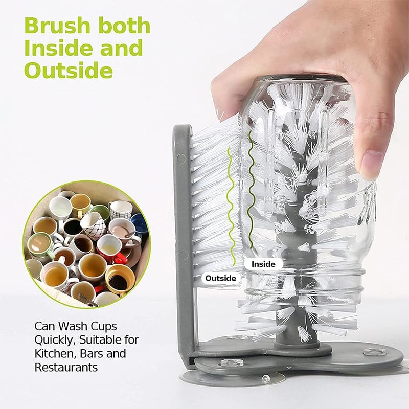 Jerliflyer Wall Suction Cup Washing Brush, Bar Glass Washer for Sink with Strong Base 360° Cleaning Cups Bottles Brush (Gray)