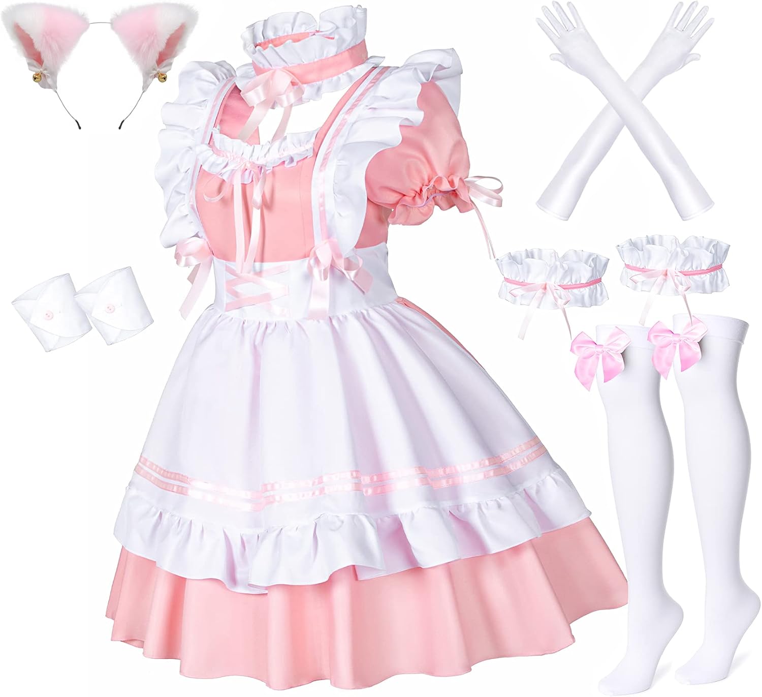 Wannsee Anime French Maid Apron Lolita Fancy Dress Cosplay Costume Furry Cat Ear Gloves Socks Set(Pink 2XL)