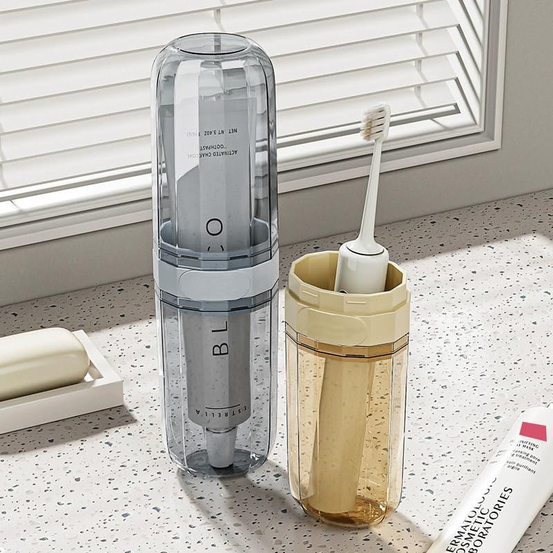 Travel Toothbrush Case, Portable Plastic Holder with Mouthwash Cup and Cover for Toothpaste Toothbrush Comb, Tooth Brush Storage Container for School Camping Business Trip Home Bathroom, Light Grey