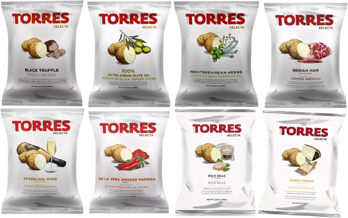 (Most Popular Flavors) Torres Spanish Potato Chips Patatas Fritas Variety Pack Made in Barcelona, Spain (8 Pack)