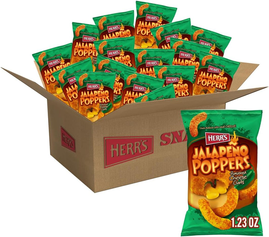 Herr's Jalapeño Poppers Flavored Cheese Curls - Made with Cheddar Cheese - 1.23 Ounce (Pack of 24) Great for Bold Flavor Fans
