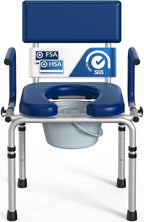Drop Arm Bedside Commode, Commode Toilet with Padded Seat and Backrest, 300lbs Capacity, 6.3QT Removable Bucket and Splash Guard, Adjustable Height Portable Toilet for Adults, Blue