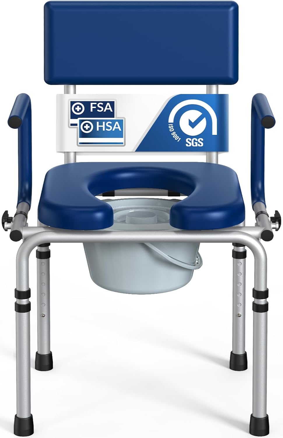 Drop Arm Bedside Commode, Commode Toilet with Padded Seat and Backrest, 300lbs Capacity, 6.3QT Removable Bucket and Splash Guard, Adjustable Height Portable Toilet for Adults, Blue
