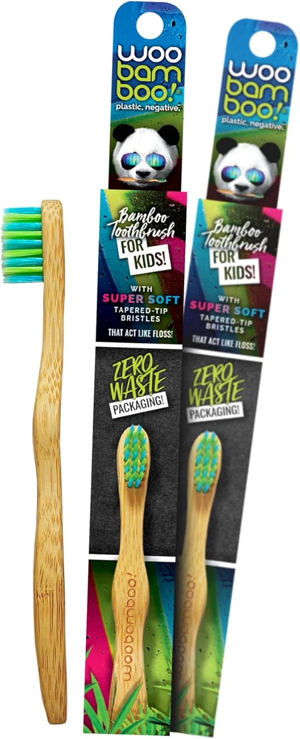 Woobamboo! Kid's Bamboo Toothbrush - Super Soft BPA Free Nylon Bristles - Eco-Friendly, Biodegradable, Compostable, Vegan (Pack of 2)