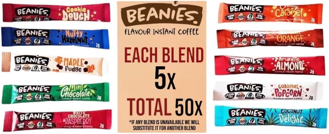 Beanies 50 Coffee Sticks, Mixed Blends; instant flavored coffee