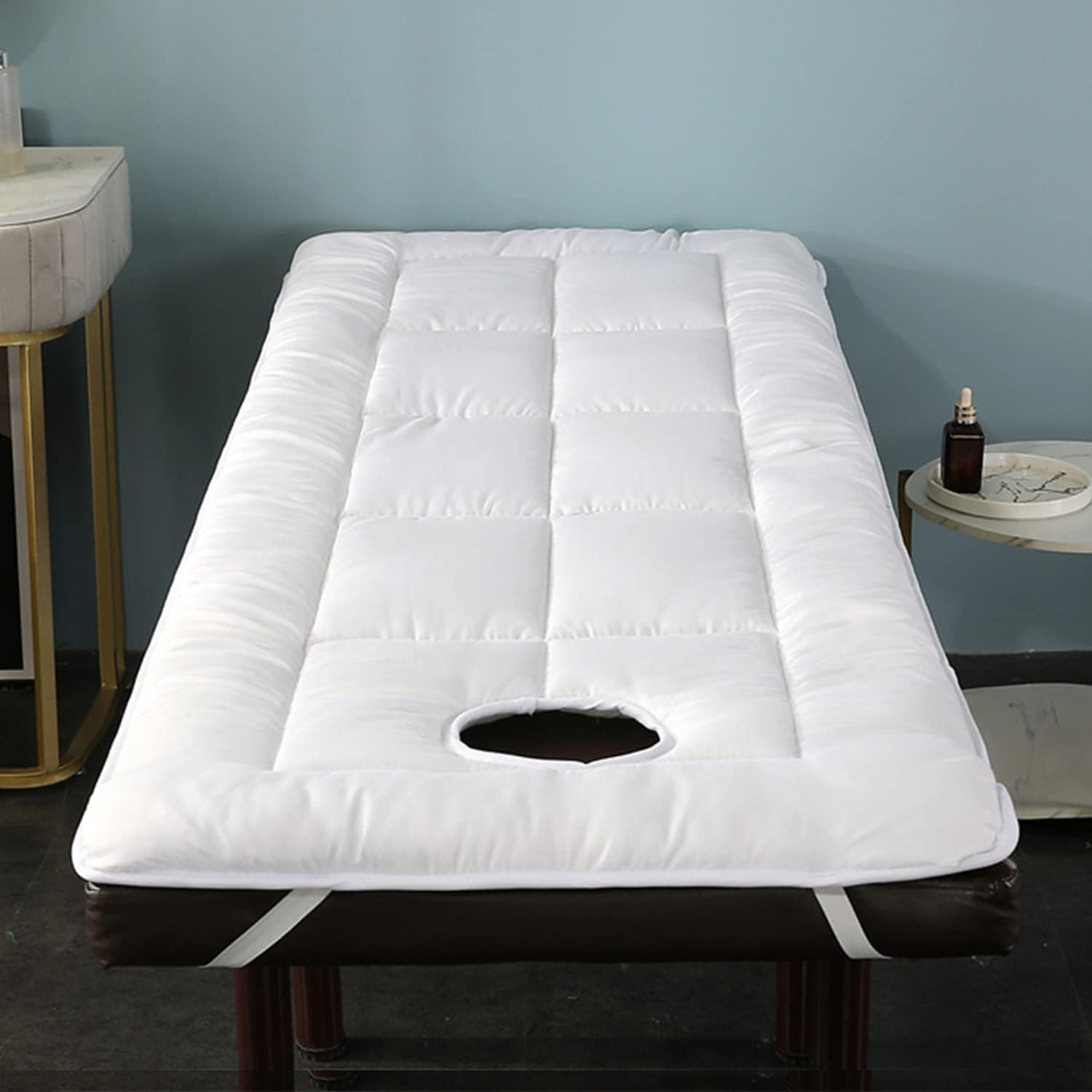 Foldable Bed Mattress Topper for Salon Beauty Massage Mattress Pad with Face Breath Hole Square Head Massage Table Mattress Protector for Spa Bed with Elastic Bands,White,80x185cm