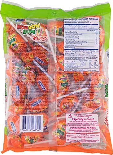 Colombina Bon Bon Bum Lollipops w/Bubble Gum Center, Mango Flavor, Individually Wrapped, Ideal for Party Favors and Gifts, 1 Pack (24 Count)