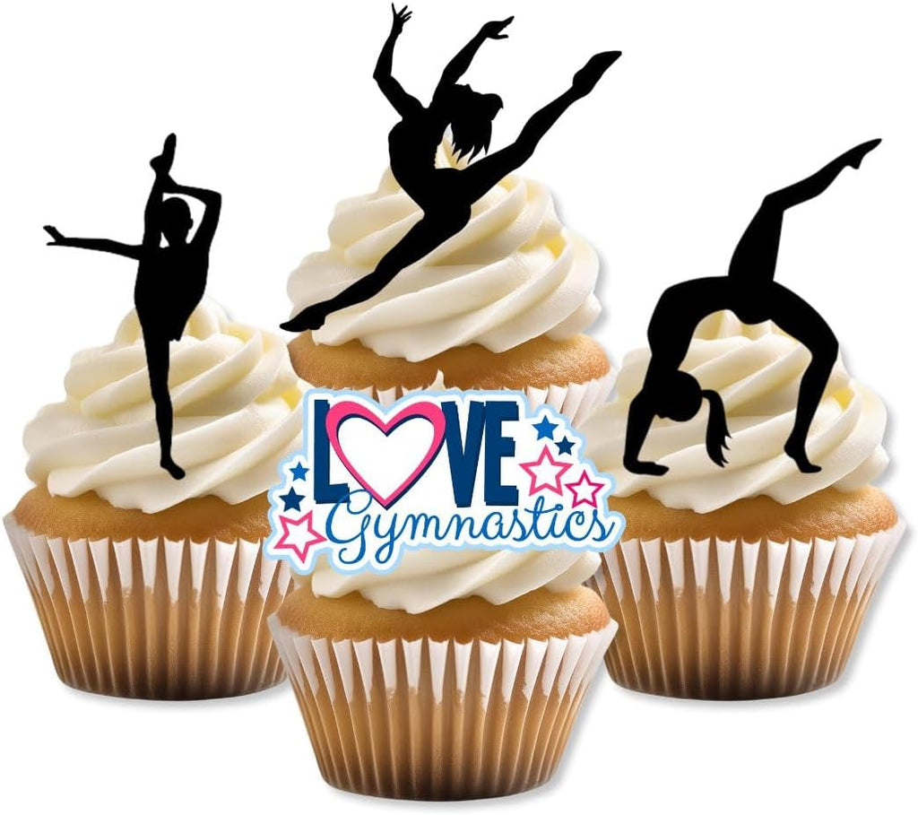 Black Gymnastics Silhouettes Edible Cupcake Toppers - Stand Up Wafer Cake Decorations, Gymnastics Birthday Party Decorations for Cake Decorating, Gym Tumble Edible Cookie Toppers (Pack of 24)