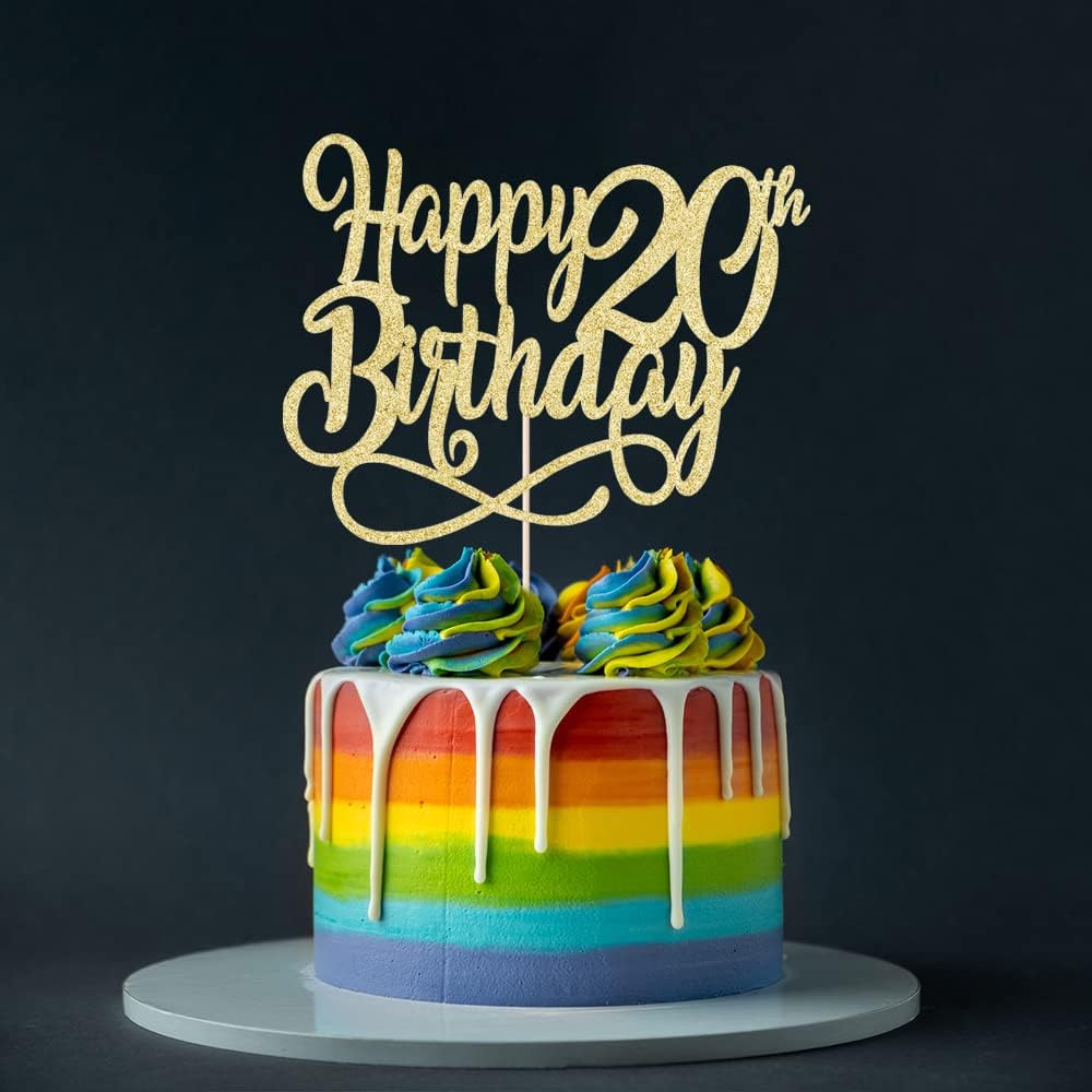Gold Glitter Happy 20th Birthday Cake Topper,Cheers to 20 Years,happy 20th Birthday Cake Topper,20th Anniversary Cake Topper， men and women 20 years old happy birthday Party Decoration
